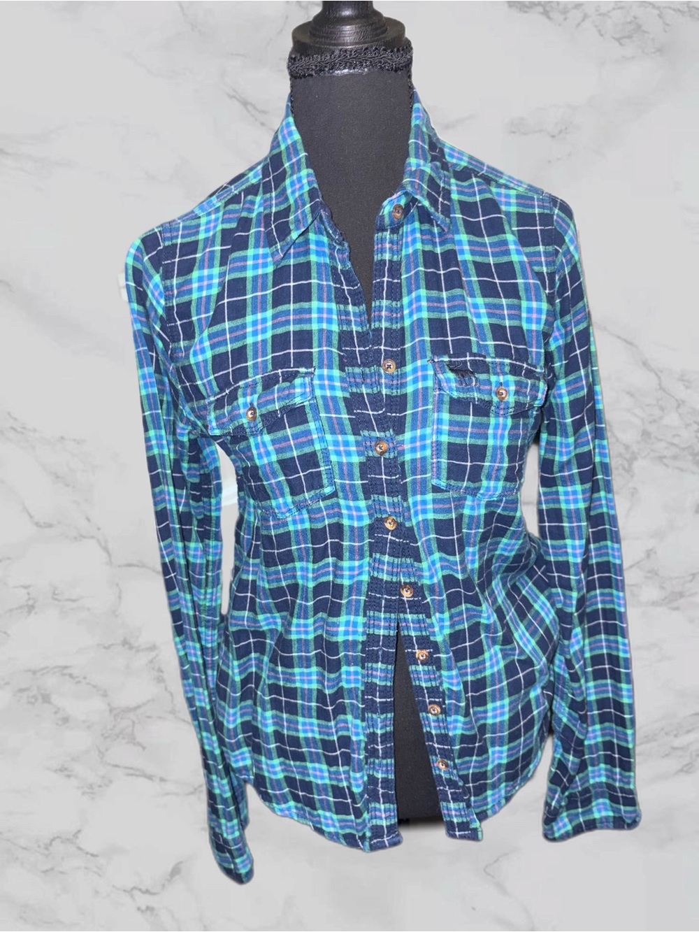 Abercrombie & Fitch Navy, Teal & Aqua Plaid Button-Down Shirt
